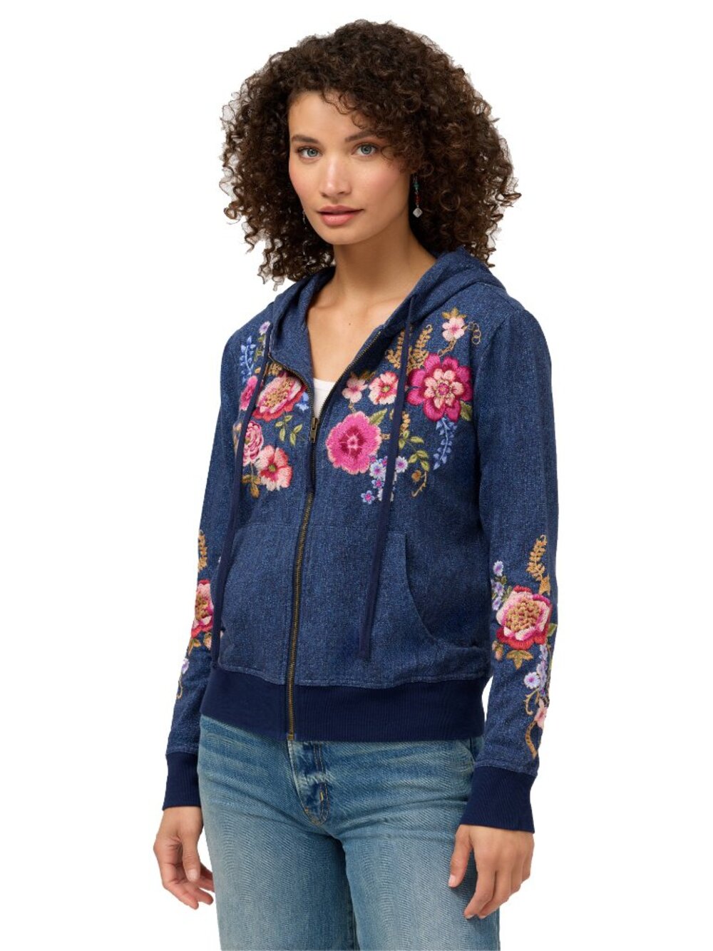 Johnny Was Modern Zip Up Hoodie Aerus Floral Cotton Elowen Denim Blue Top NEW